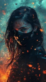 Masked woman amid fire and embers in dramatic portrait.