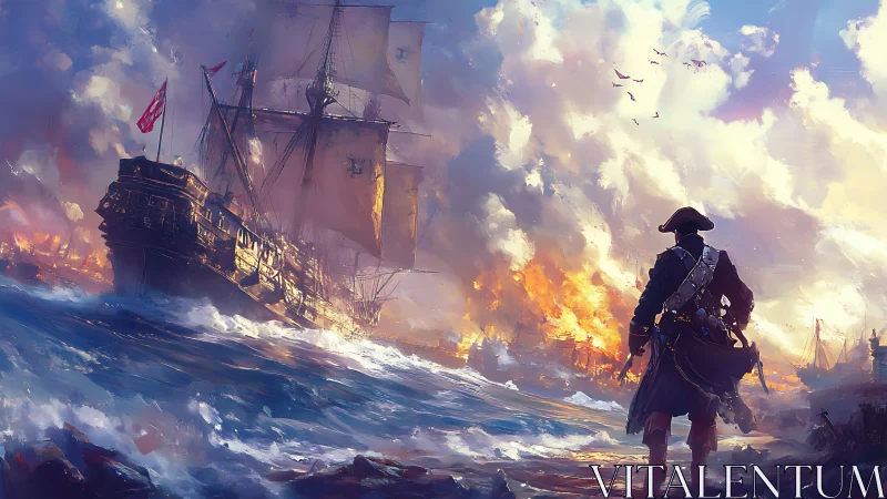 Stormlit pirate captain watching a burning harbor dream.