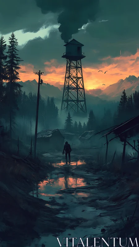Solitary figure on muddy path below smoking watchtower.