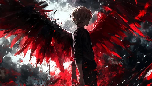 Crimson-winged anime figure amid turbulent stormfield backdrop.