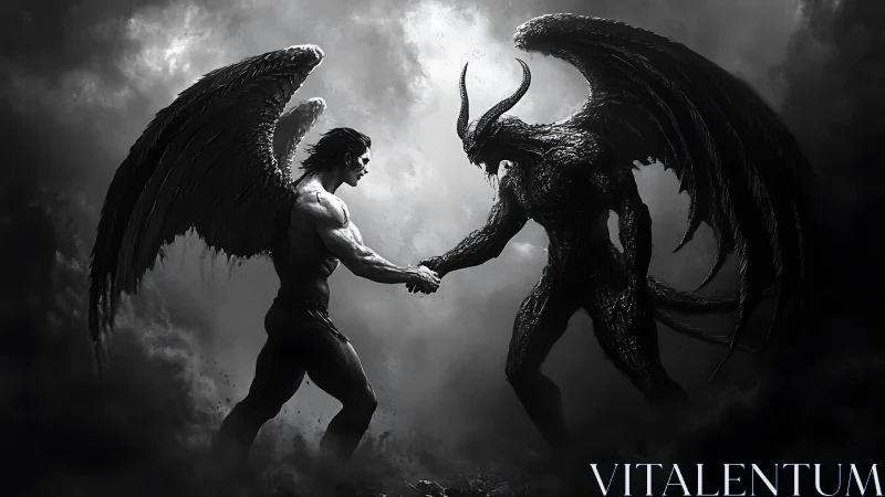 Angel and demon clasp hands in a storm of shadowed light