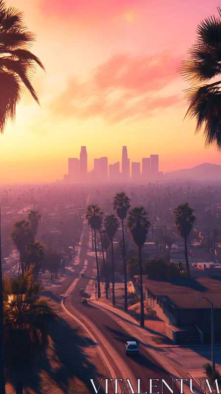 Sunset arterial road toward hazy downtown highrise skyline