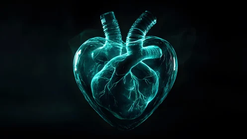 Futuristic Transparent Human Heart Illustration with Neon Glow.