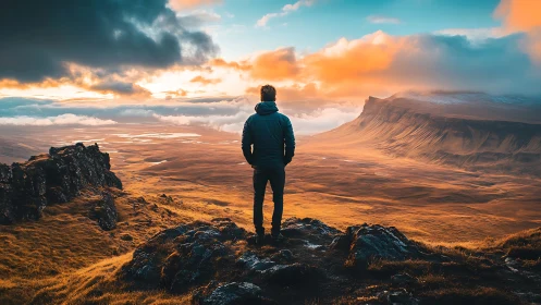 Solitary hiker observes sunlit valley under dramatic clouds