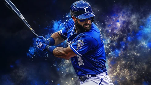 Baseball batter in blue uniform prepares to swing bat