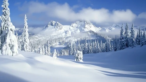 Snow-draped alpine valley under crystal blue winter sky.