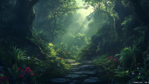 Enchanted jungle pathway bathed in ethereal light.