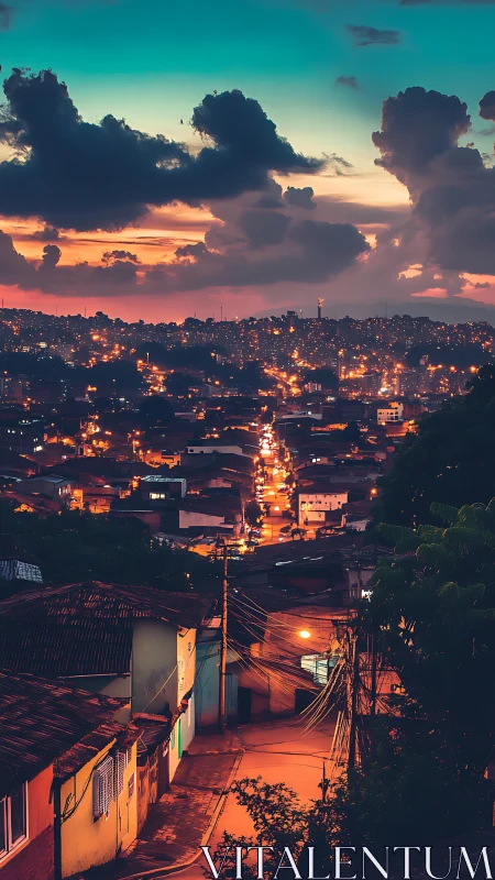 Sunset city hillside glows with warm streetlights and clouds.