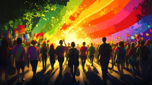 Pride marchers stride under radiant rainbow light burst.
