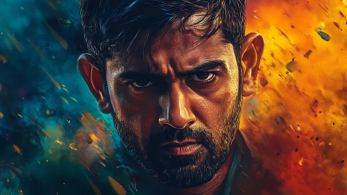 Fierce gaze framed by stormy teal and blazing gold skies.