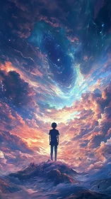 Solitary figure studies swirling nebula sky in luminous clouds