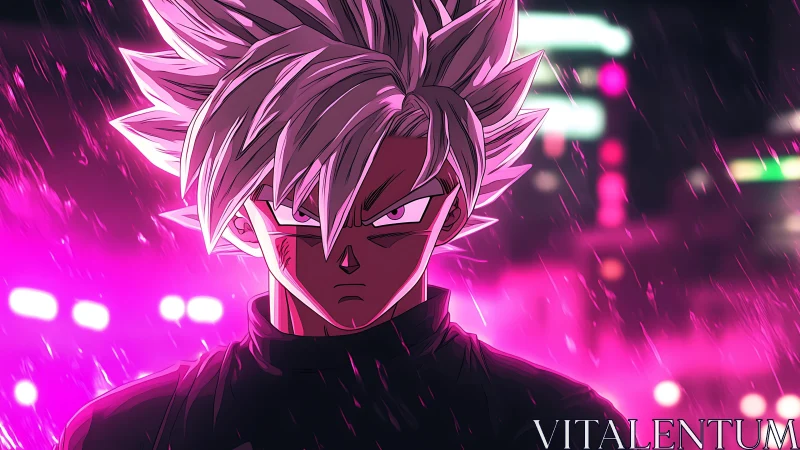 Neon backlit anime warrior rendered in high-contrast cyber-noir