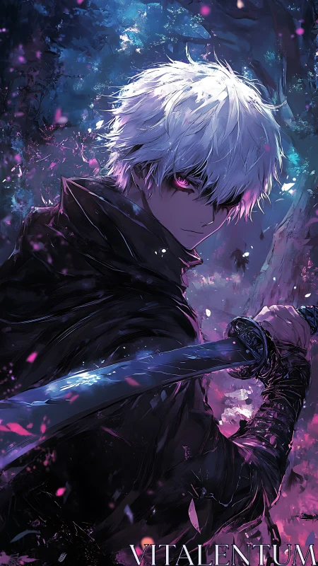 White-haired swordsman turns in neon-lit spectral forest