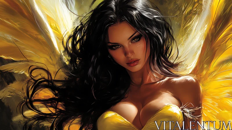 Radiant winged woman rests in golden light with gentle fire