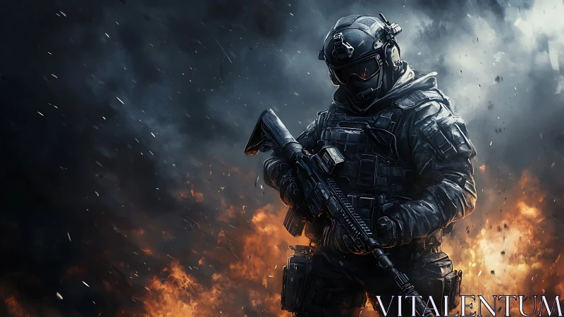 Heavily armed soldier stands in burning battlefield smoke.