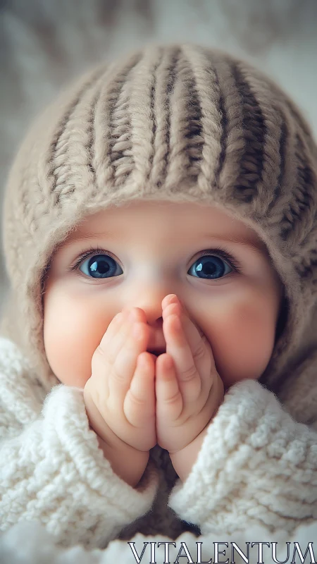 Wide-eyed winter wonder baby in creamy knitted coziness.