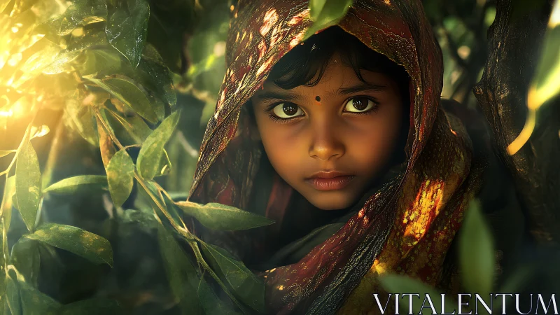 Young Girl Hidden Among Forest Branches and Foliage.