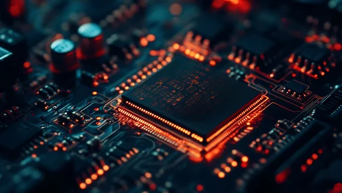 Microchip core glows amid dense circuitry and neon traces.