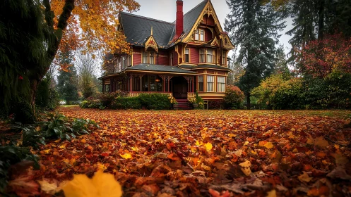 Victorian house glows warmly amid a carpet of autumn leaves