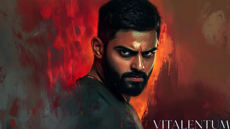 Intense bearded man portrait in fiery digital painting.