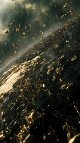 Shattered orbital megacity scatters molten golden debris.