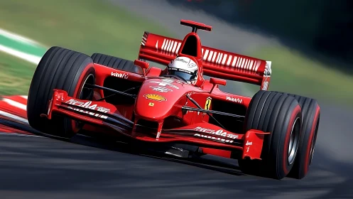Scarlet rocket car knifes through a sunlit racing corner.