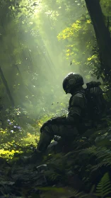 Solitary armored explorer resting in luminous forest gorge.