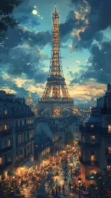 Parisian evening streets glow beneath a stormy Eiffel sky