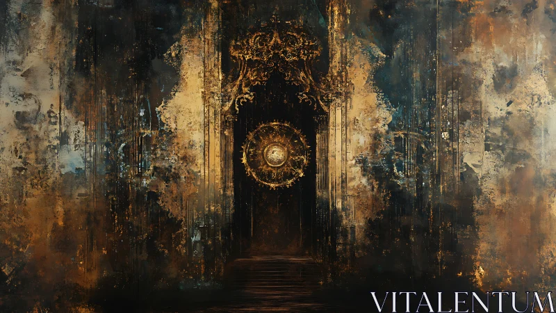 Ancient golden portal glows within a crumbling dark hall