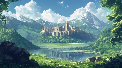 Medieval-style hilltop fortress overlooks valley lake landscape