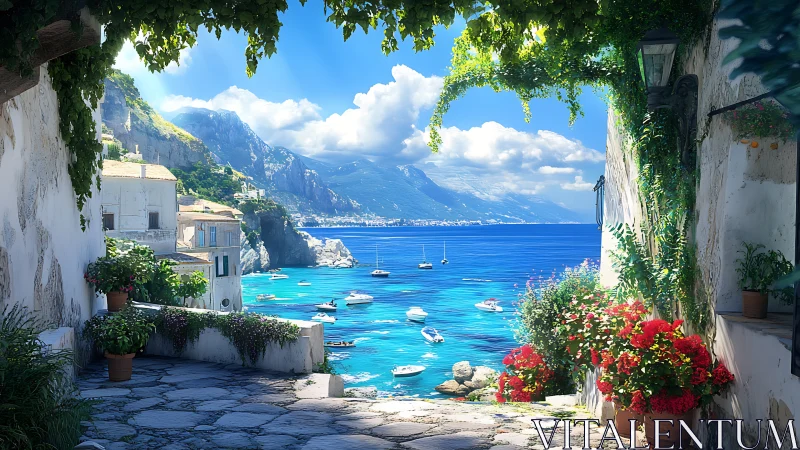 Sunlit coastal terrace overlooking vivid blue Mediterranean.