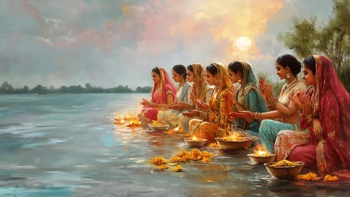 Women in Traditional Attire Performing River Ritual at Sunset, Impressionist Style.
