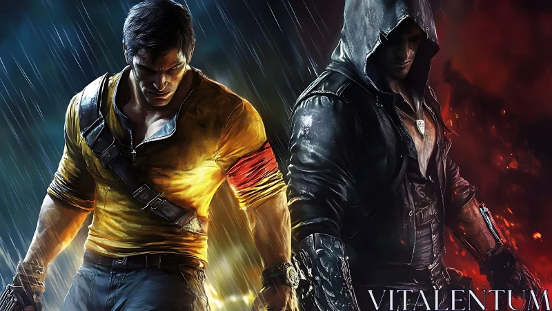 Dual protagonists in rain-split chromatic battlefield tableau.