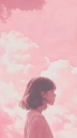 Soft daydream moment as a quiet girl gazes at pink clouds