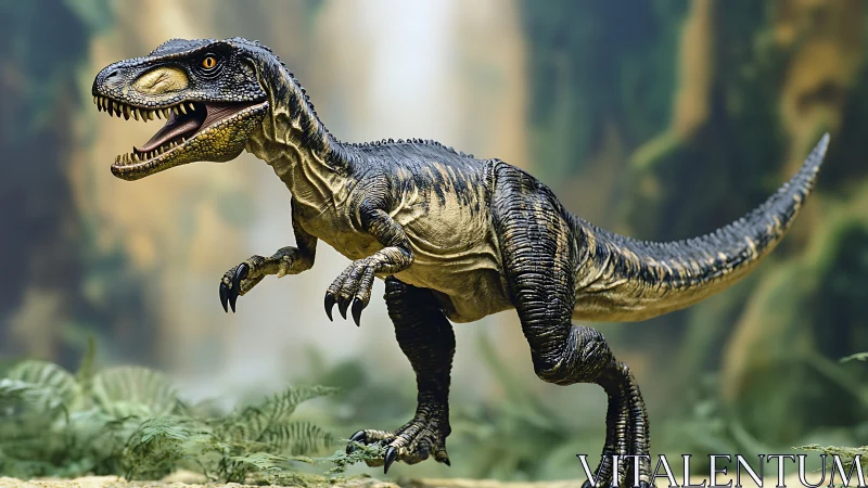 Digital render shows bipedal theropod dinosaur in jungle