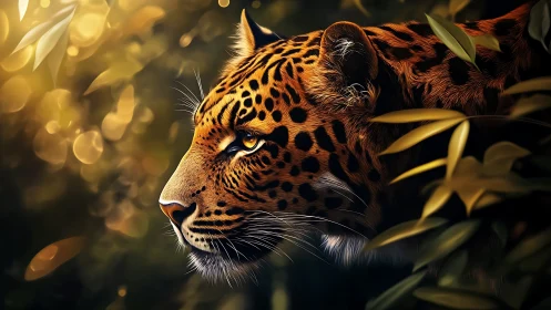 Leopard profile in dense foliage with warm backlighting.