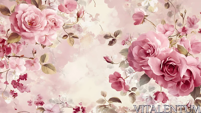 Soft Pink Garden Roses in Watercolor Bloom.