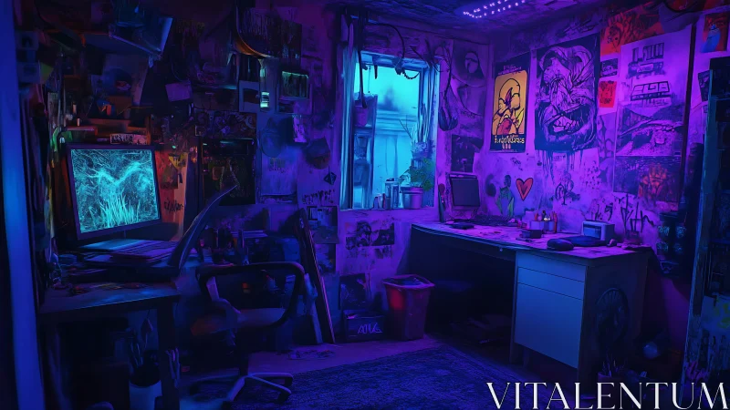Digital workstation occupies cluttered neon-lit bedroom