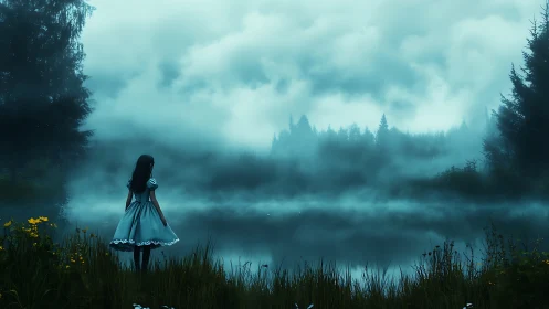 Girl in dress stands before mist-covered forest lake