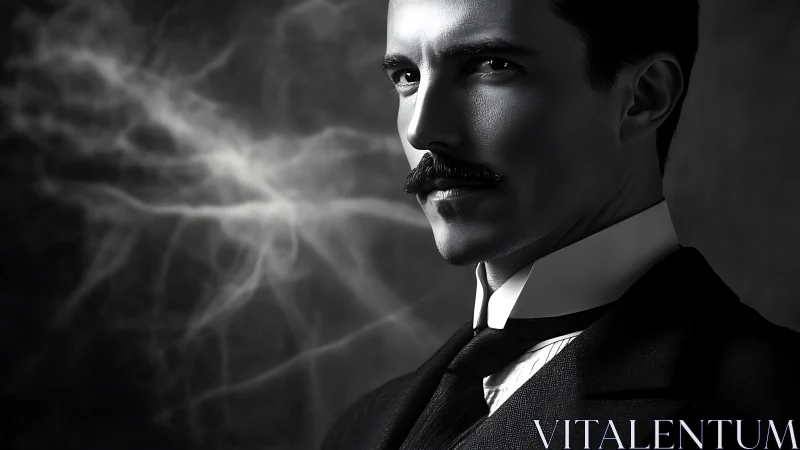 Monochrome portrait with lightning-charged background focus.