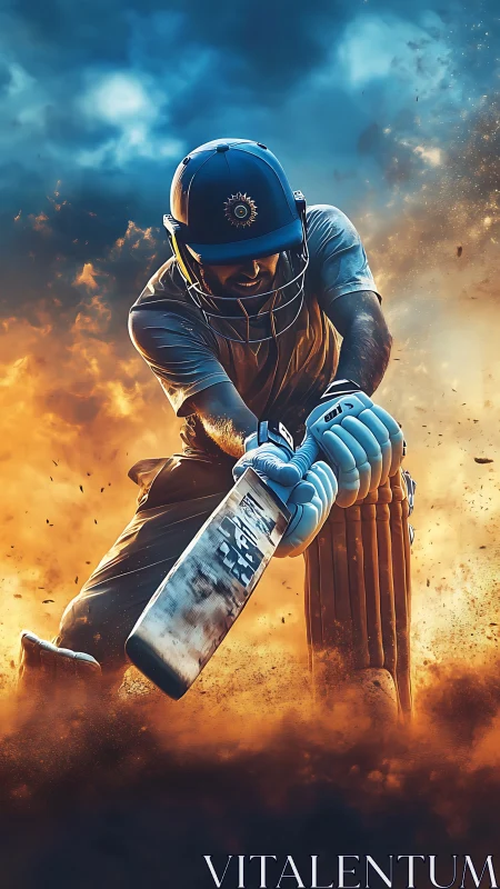 Cricket batsman drives through fire and stormy sky.
