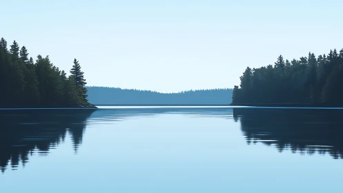 Serene boreal lake horizon rendered in minimalist digital painting