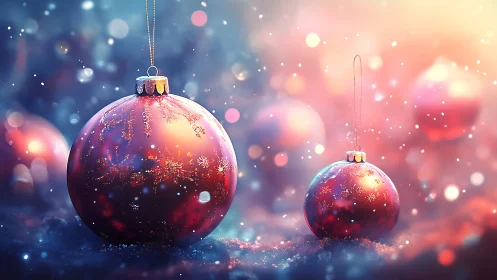 Glowing Christmas baubles shimmer in a dreamy winter haze