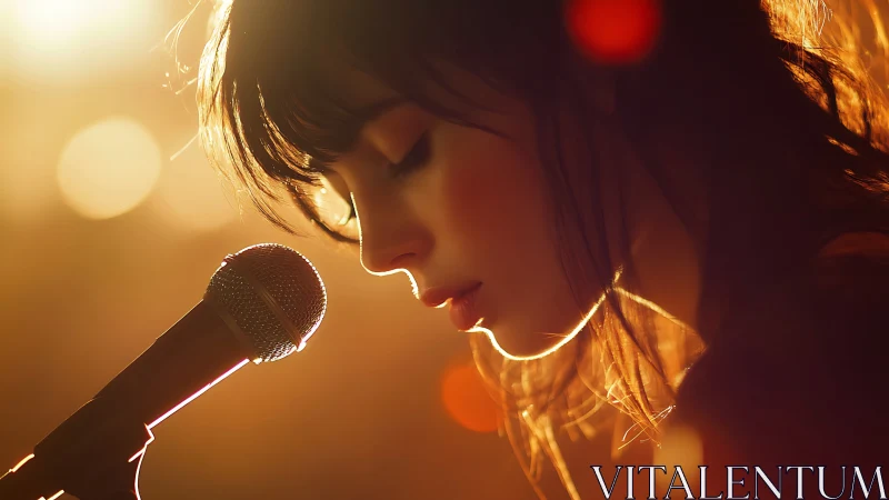 Backlit singer profile in warm stage spotlight glow.