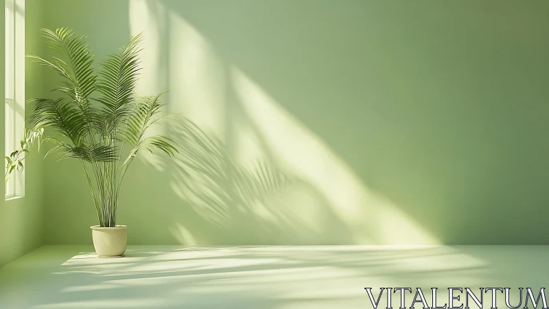 Soft directional sunlight forms sharp palm leaf shadows on wall
