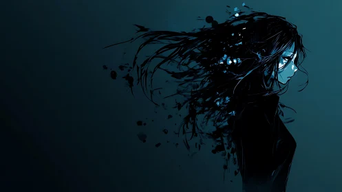 Side-profile anime figure dissolving into blue ink fragments