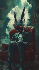Suit-clad demon rabbit sits in red armchair amid smoke