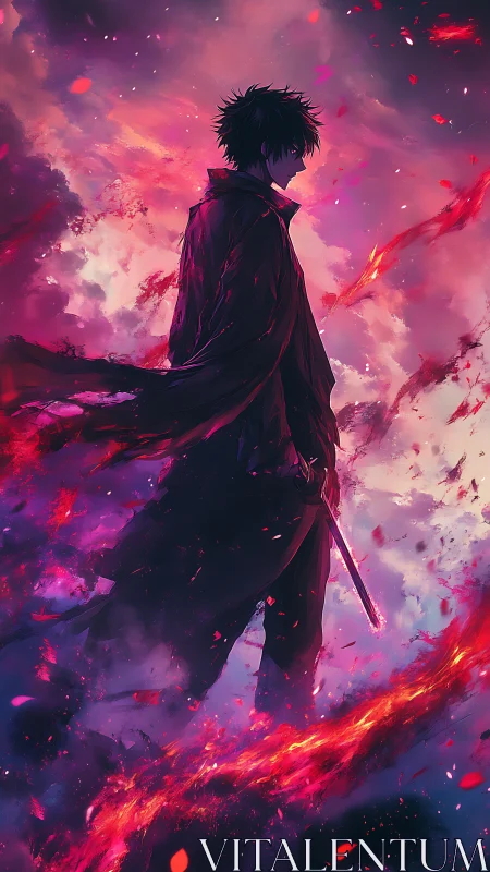 Backlit anime swordsman silhouetted in volumetric fiery clouds