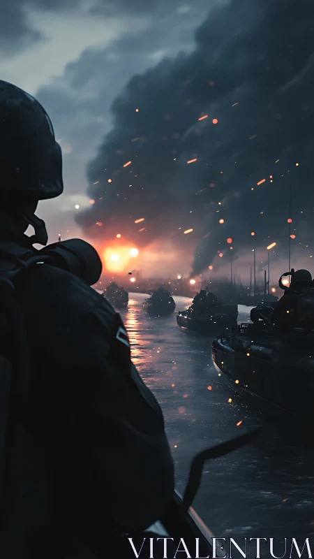 Soldier observing amphibious armored convoy on river at dusk.