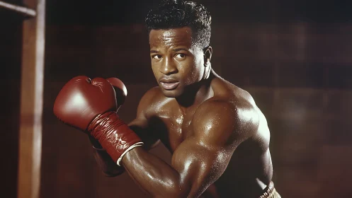 Professional boxer in red gloves assumes fighting stance.